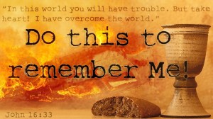 Chalice with wine and bread. Background with copy space.